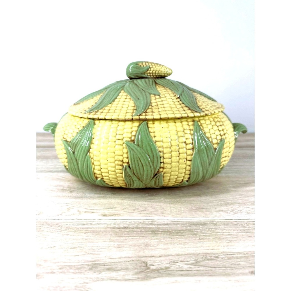 Ceramic Corn Cob Soup Tureen Serving Bowl w Lid Green Yellow‎